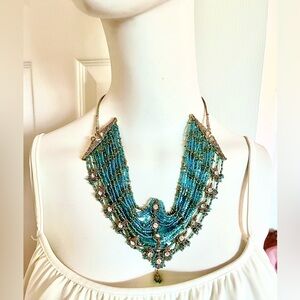 Boho Beaded Statement Necklace – Teal & Gold, Adjustable Tassel Tie